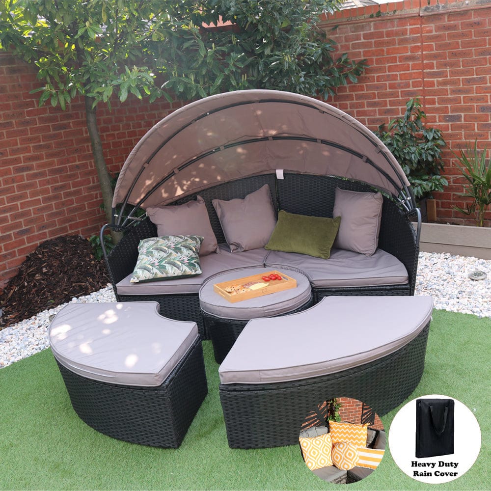 Camrose Rattan Garden Furniture Day Bed With Lift Up Table in Black