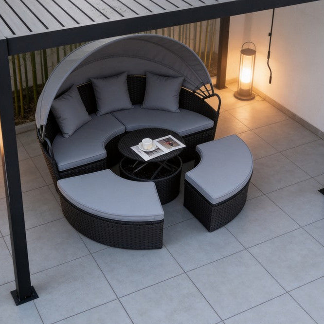 Camrose Rattan Garden Furniture Day Bed With Lift Up Table in Black