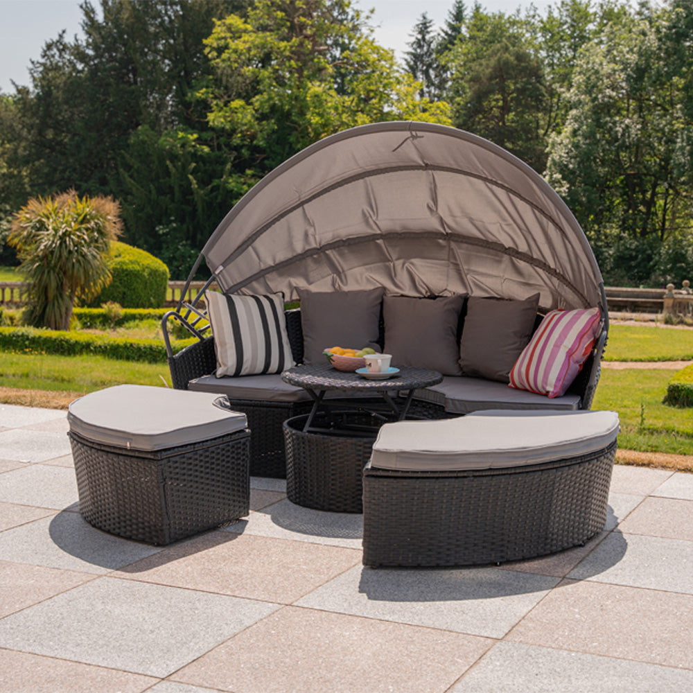 Camrose Rattan Garden Furniture Day Bed With Lift Up Table in Black