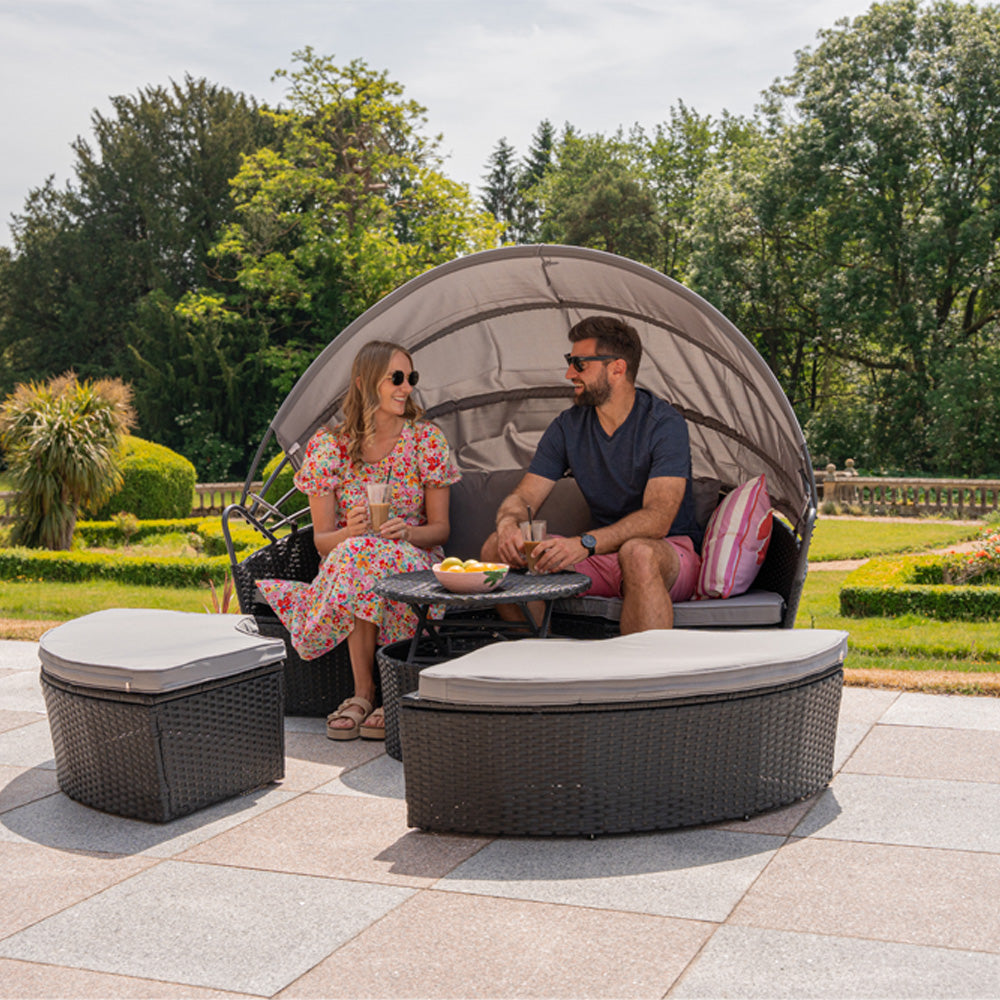Camrose Rattan Garden Furniture Day Bed With Lift Up Table in Black