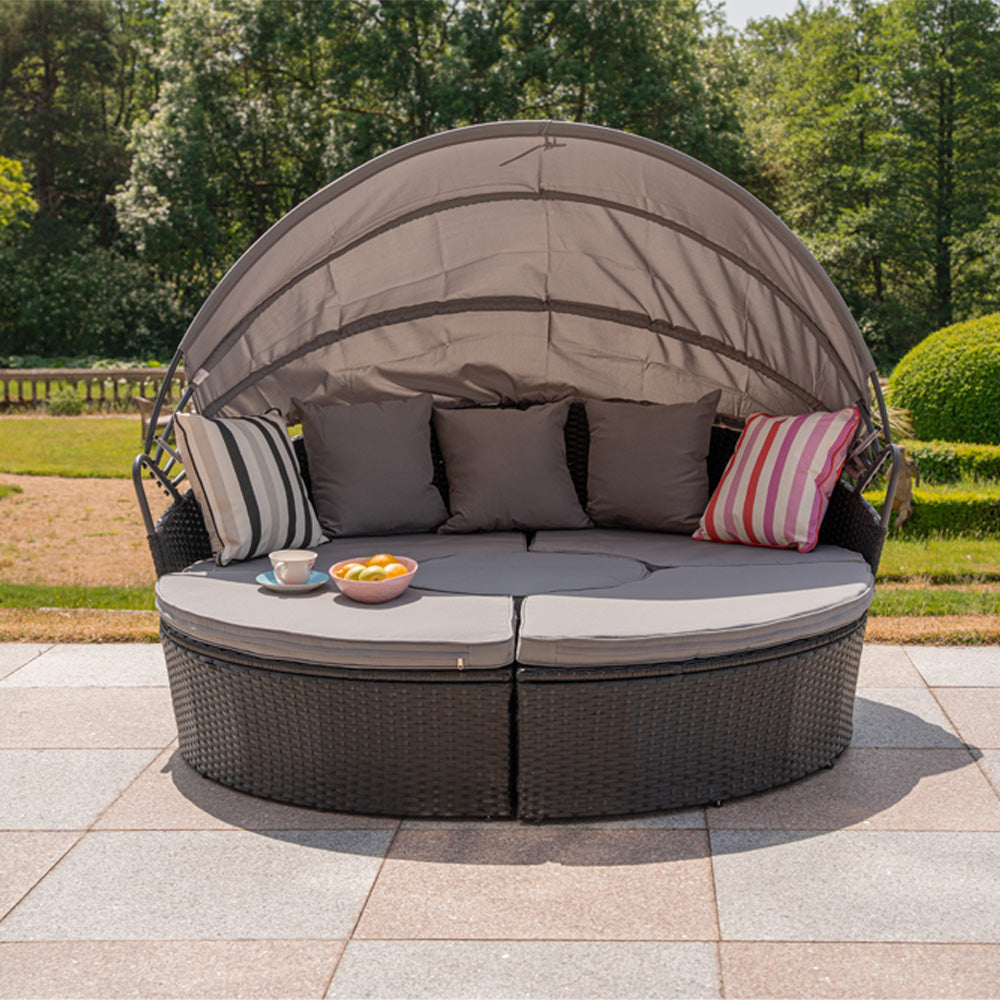 Camrose Rattan Garden Furniture Day Bed With Lift Up Table in Black