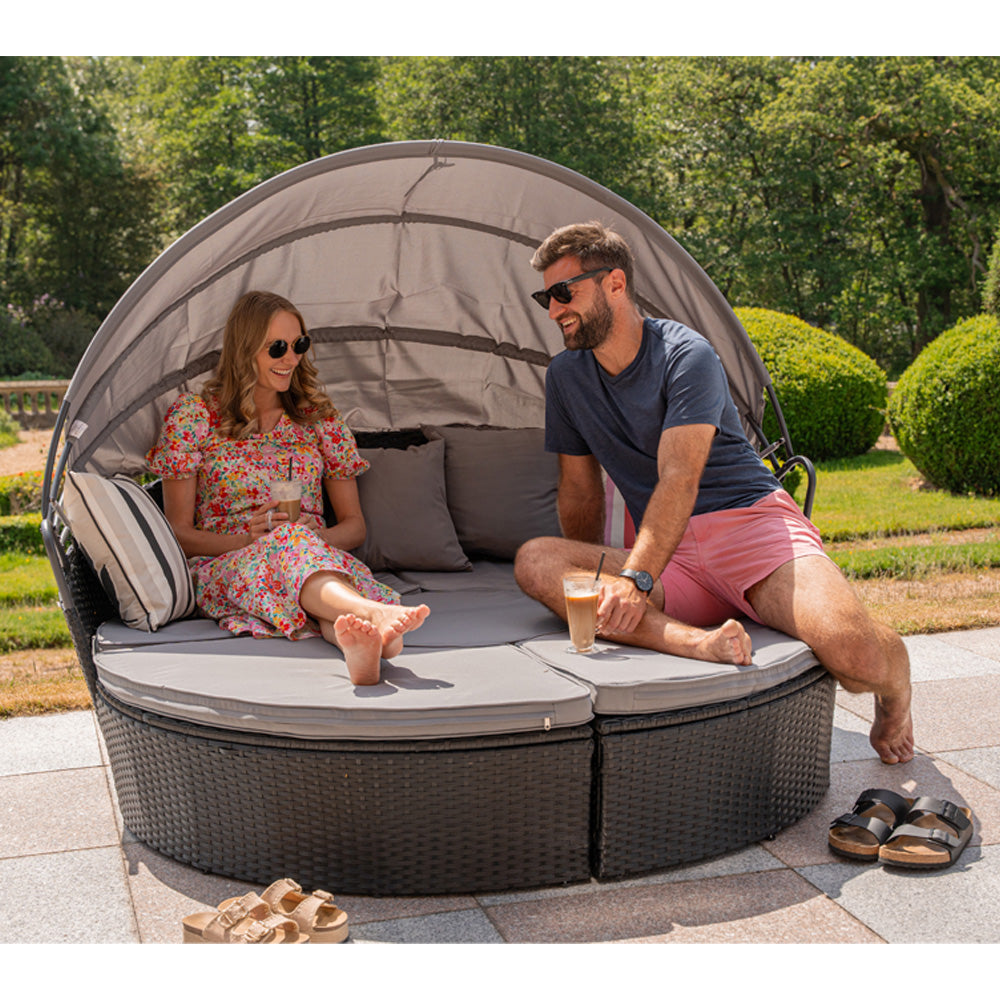 Camrose Rattan Garden Furniture Day Bed With Lift Up Table in Black