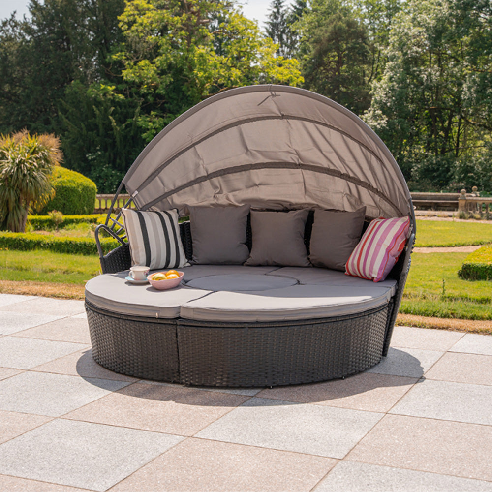 Camrose Rattan Garden Furniture Day Bed With Lift Up Table in Black