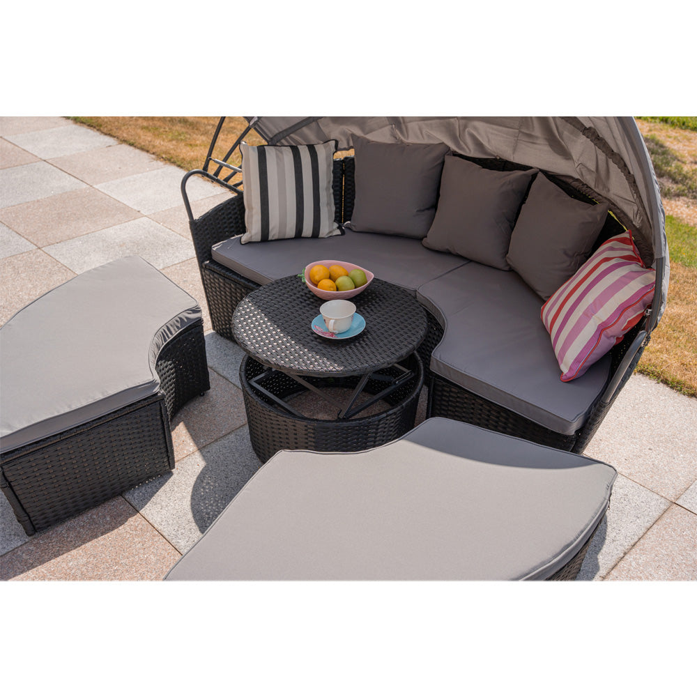 Camrose Rattan Garden Furniture Day Bed With Lift Up Table in Black