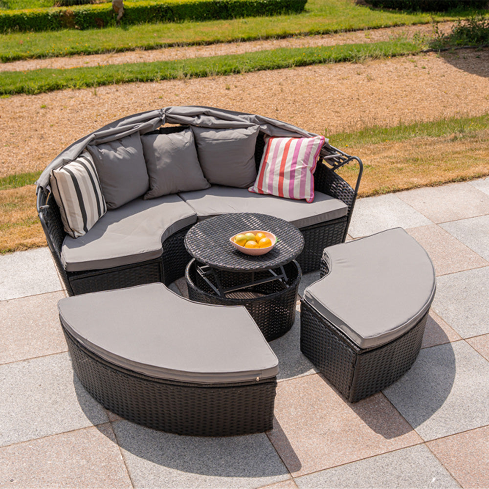 Camrose Rattan Garden Furniture Day Bed With Lift Up Table in Black
