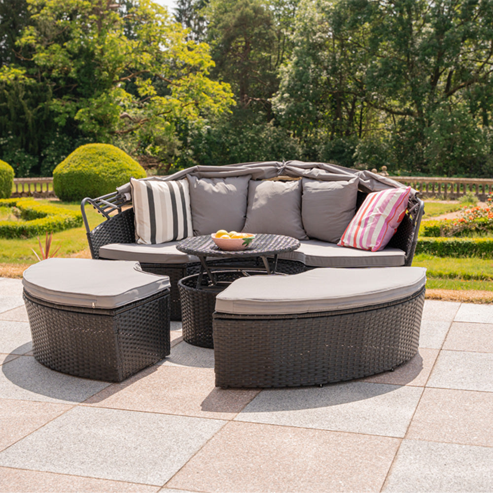 Camrose Rattan Garden Furniture Day Bed With Lift Up Table in Black