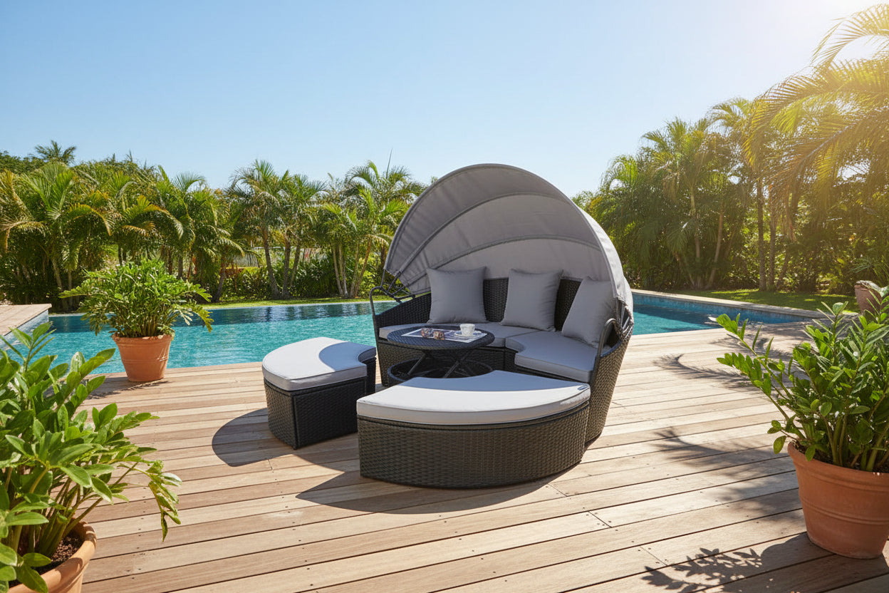 Camrose Rattan Garden Furniture Day Bed With Lift Up Table in Black