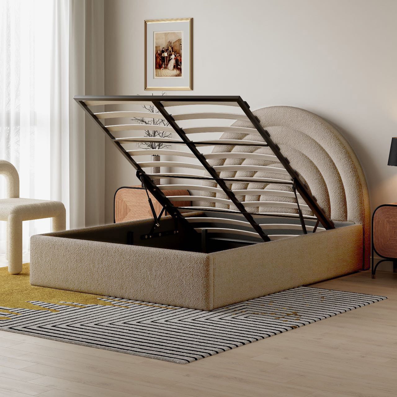 Modern Ottoman Upholstered Lift Up Storage Bed Frame