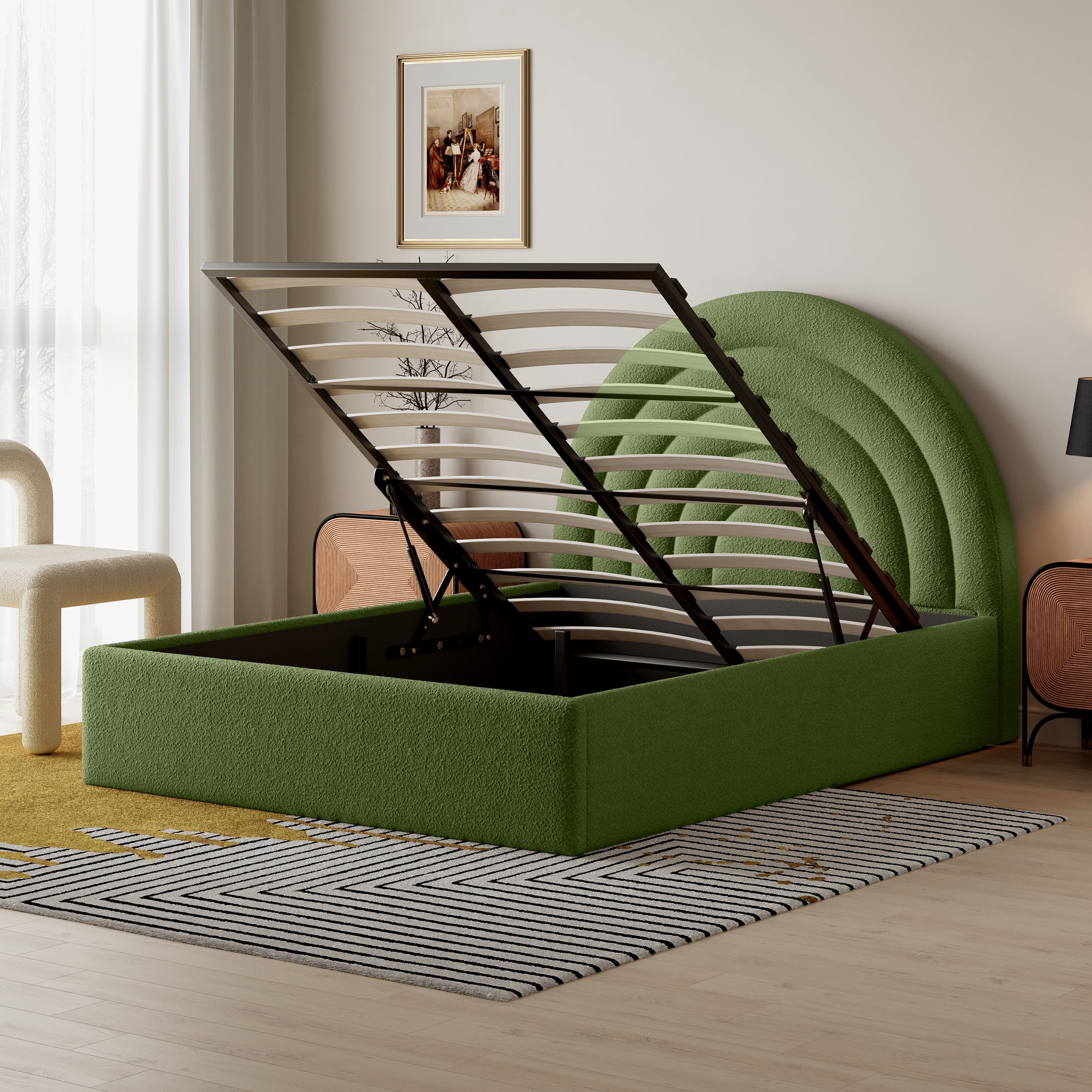 Crescent Ottoman Upholstered Lift Up Storage Bed Frame