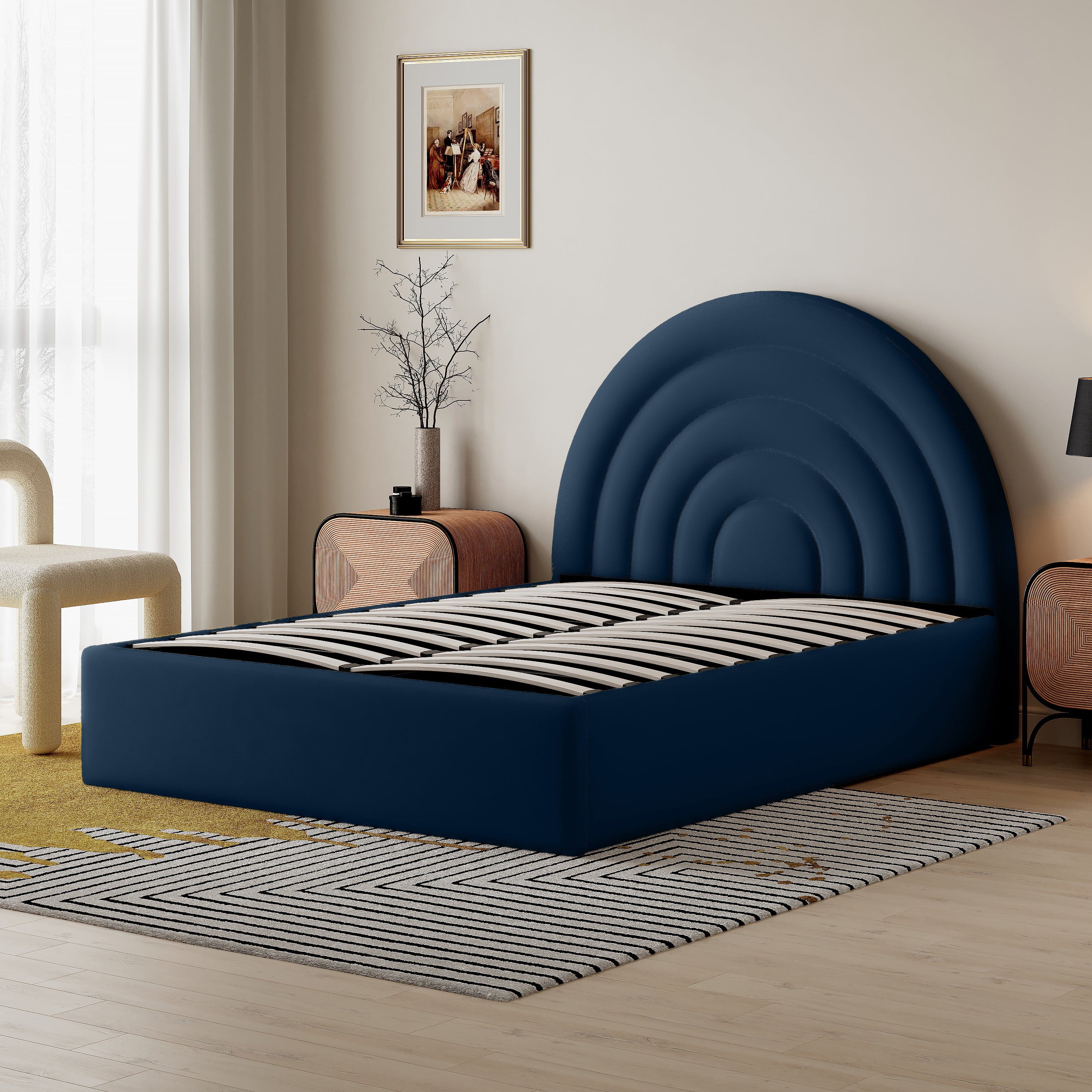 Crescent Ottoman Upholstered Lift Up Storage Bed Frame