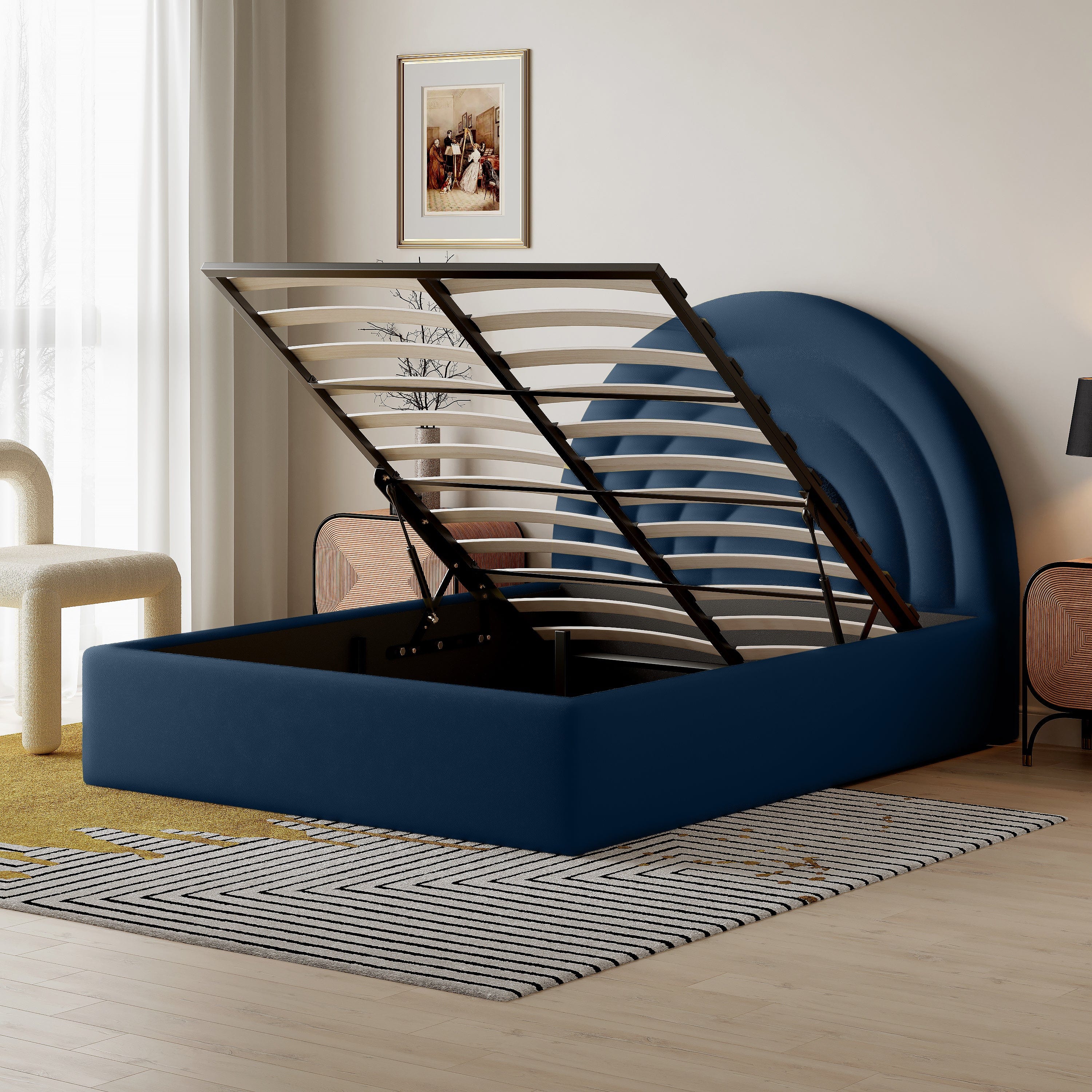 Crescent Ottoman Upholstered Lift Up Storage Bed Frame