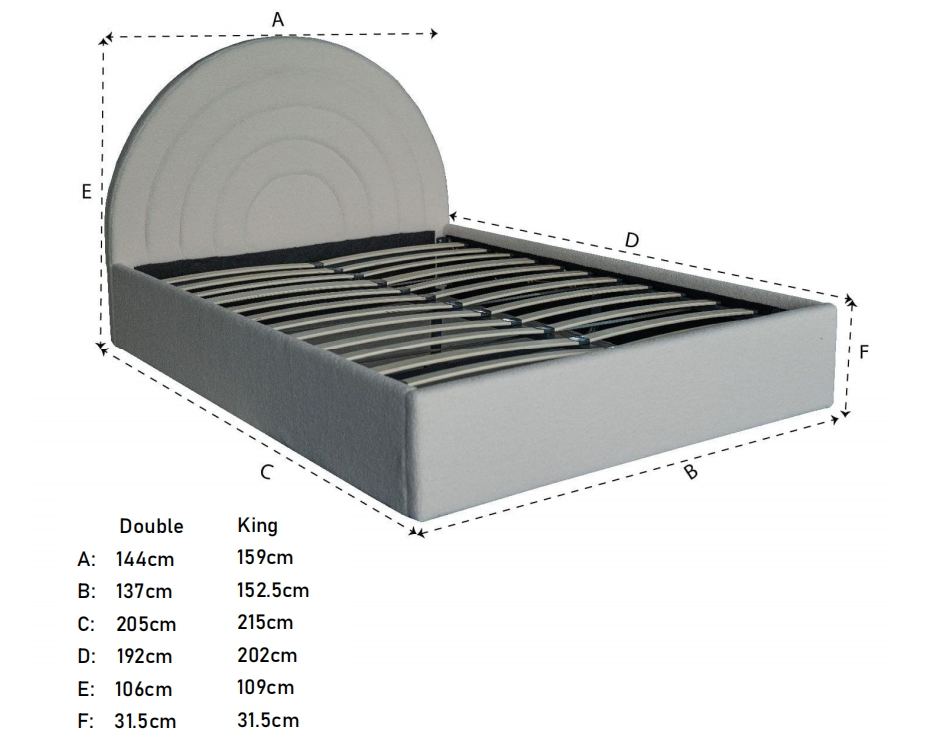 Crescent Ottoman Upholstered Lift Up Storage Bed Frame