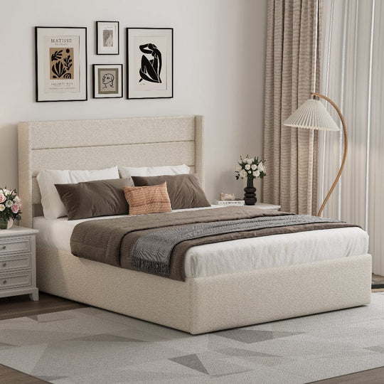 Ease Ottoman Storage Beige Boucle Teddy Fleece Pneumatic Lift Up Bed Frame Double or King Bed