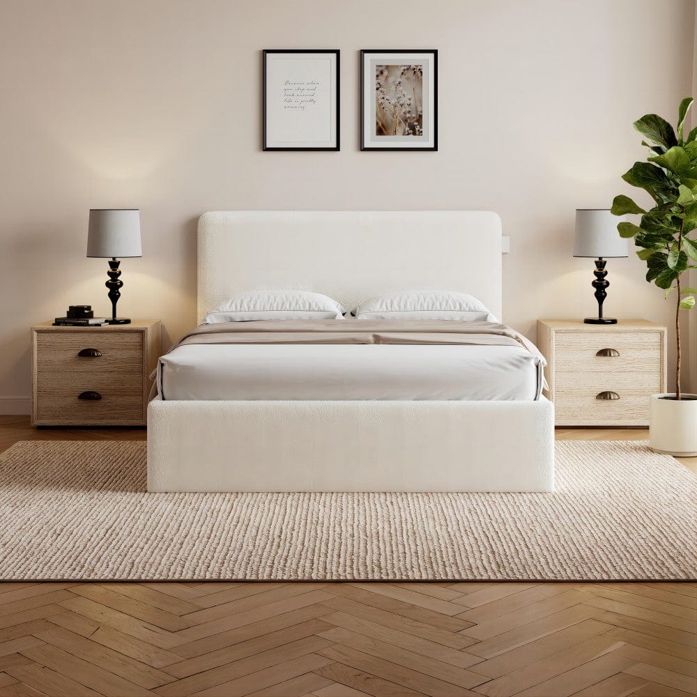 Elvie Ottoman Storage Beige Boucle Teddy Fleece Pneumatic Lift Up Bed Frame Double or King Bed