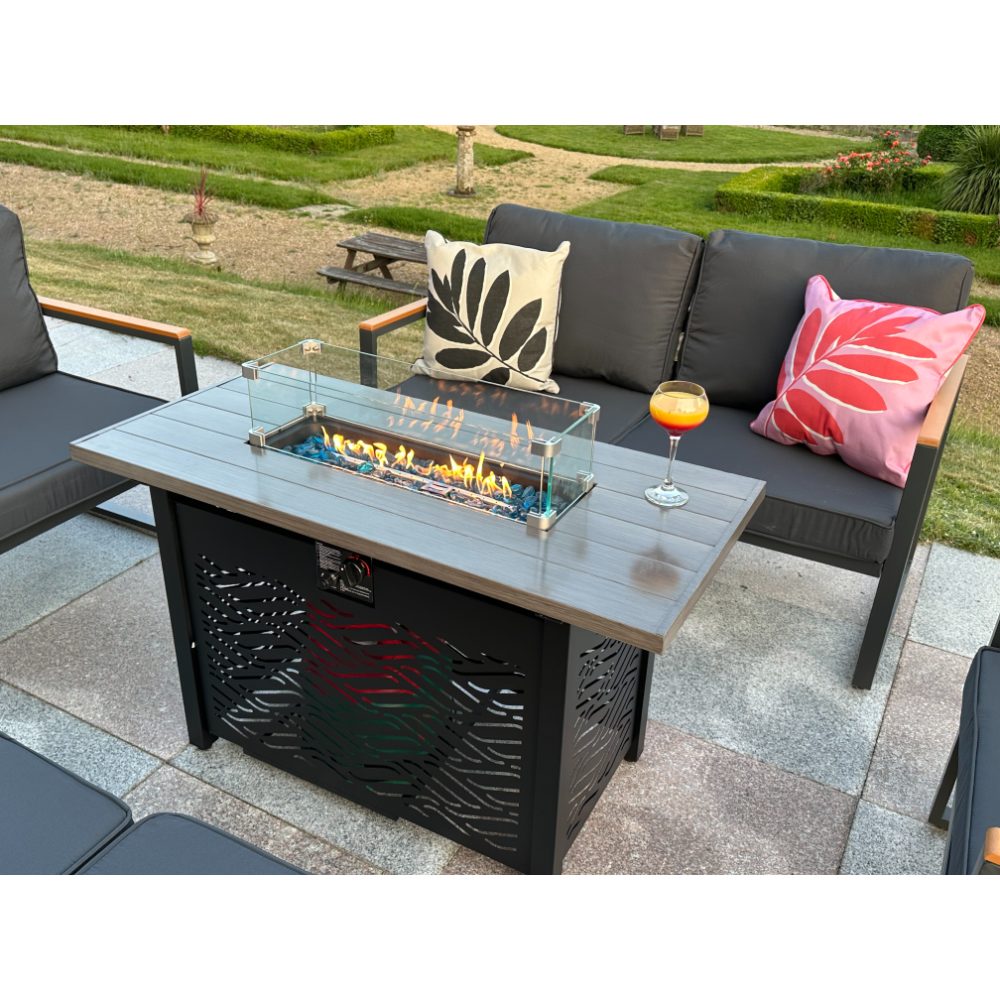 Hamburg Metal Garden Furniture 6 Seater Sofa Set with Gas Fire Pit Table