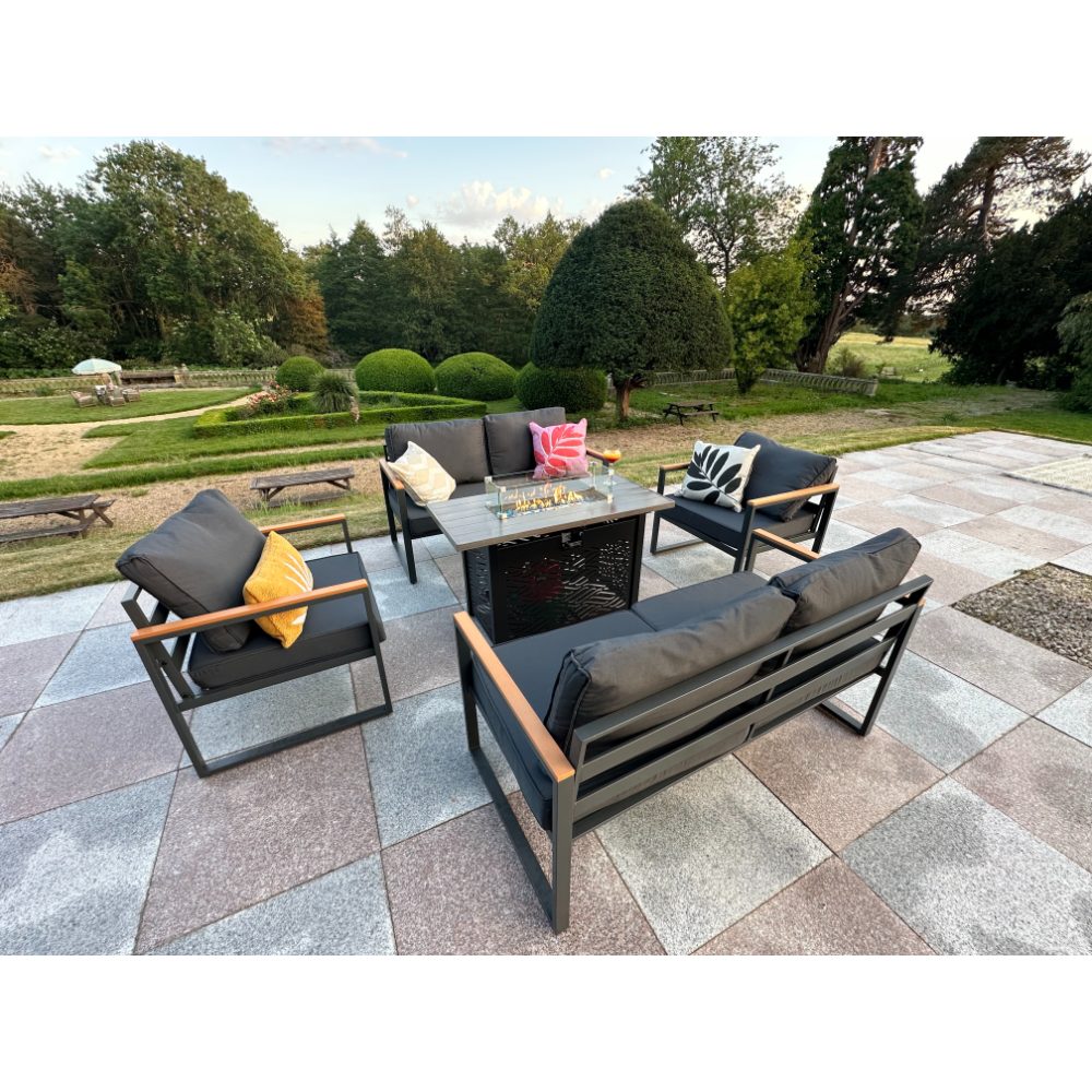 Hamburg Metal Garden Furniture 6 Seater Sofa Set with Gas Fire Pit Table