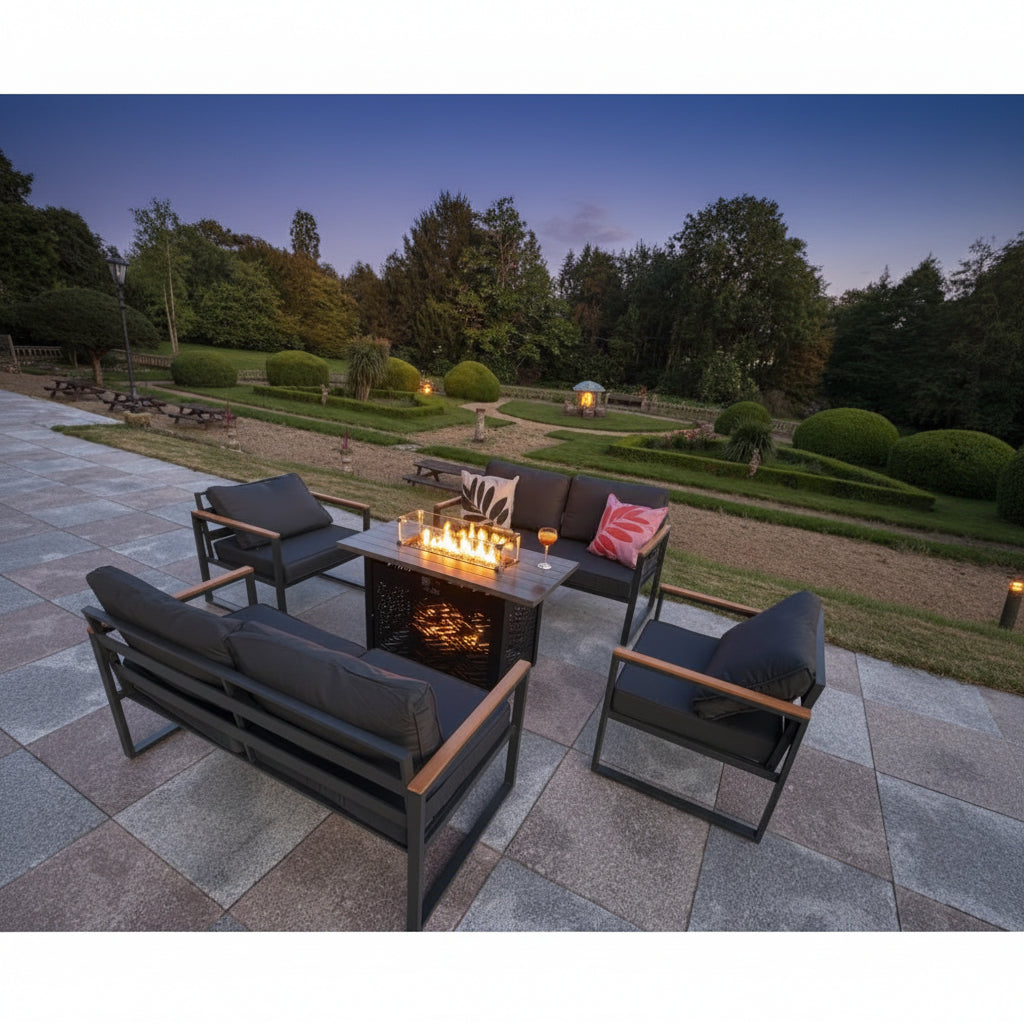 Hamburg Metal Garden Furniture 6 Seater Sofa Set with Gas Fire Pit Table