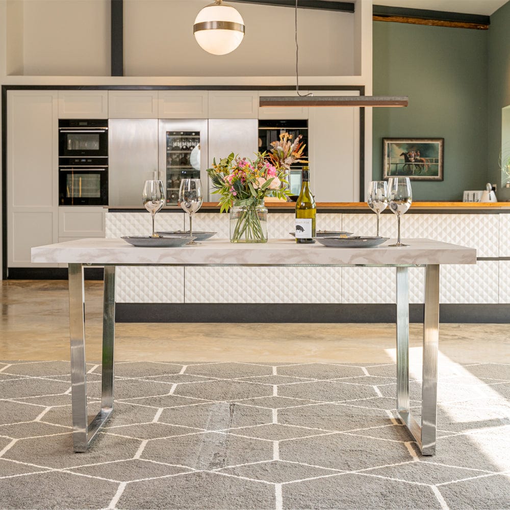 Etta White Marbled Effect Trestle Dining Table Set with 6 Velvet Button Back Chairs