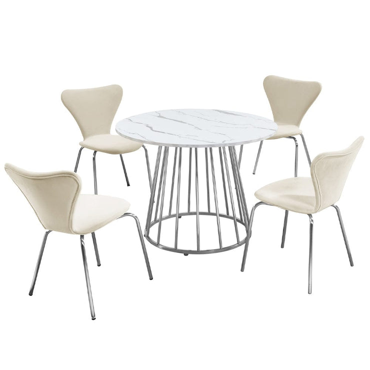 Etta Pedestal Dining Table Set with 4 Velvet Chairs