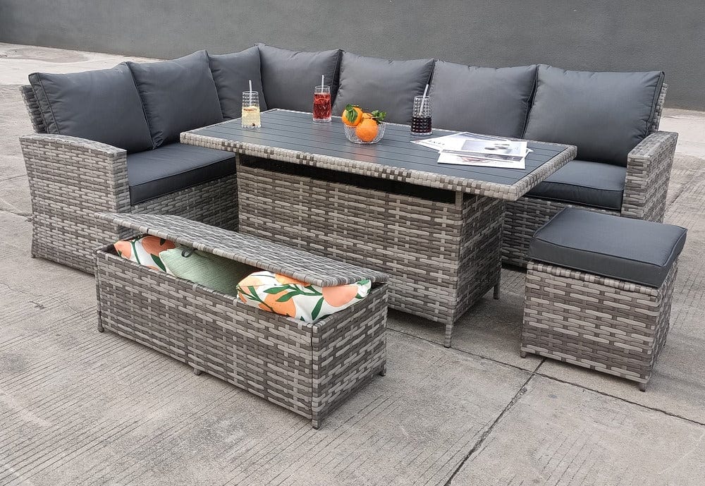 Rosen 9 Seater Rattan Garden Dining Set With Storage Bench And Stool