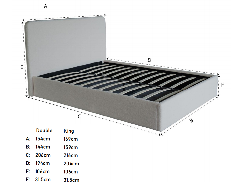 Elvie Ottoman Storage Pneumatic Lift Up Bed Frame Double or King Bed