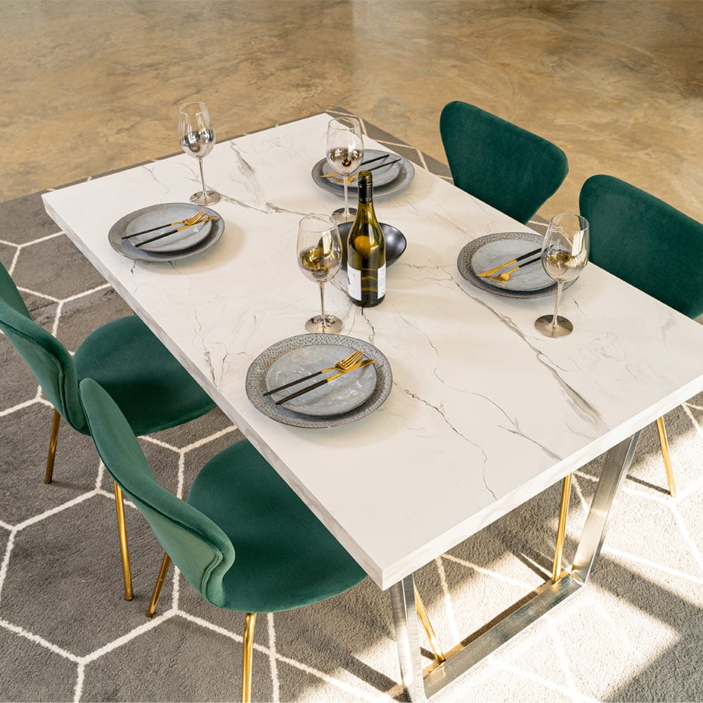 Etta Rectangle Trestle Dining Table Set with 4 Wing Back Velvet Chairs