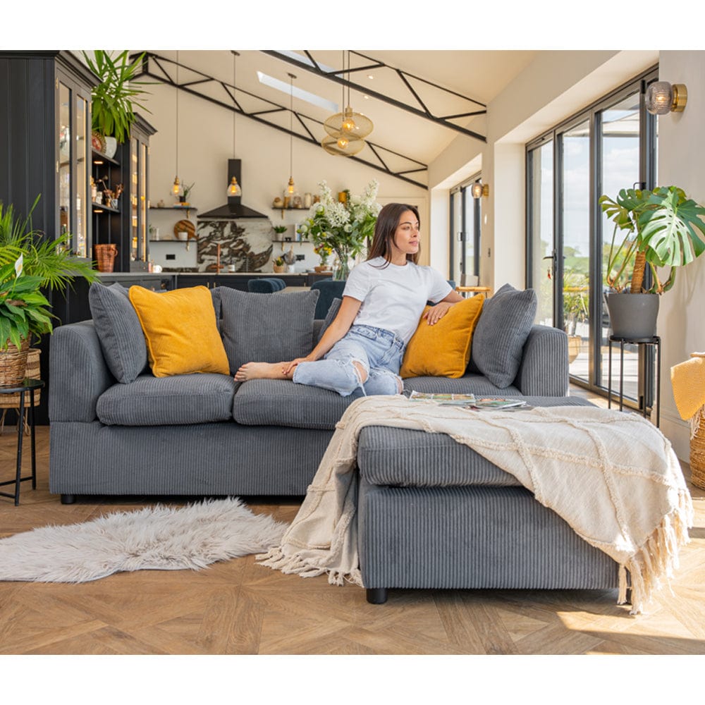 Finley Corduroy 3 Seater Sofa with Footstool And Pillows