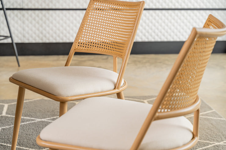 Set of 2 Boho Rattan Dining Chairs With PU Or Boucle Upholstery