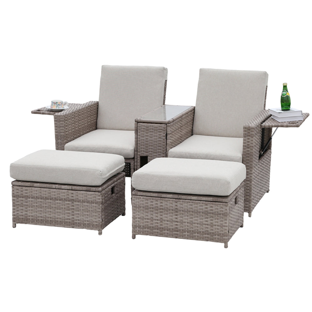 Galle 5-Piece Rattan Sofa Set Storage Daybed Set Sun Lounger with Hidden Storage Retractable Side Tray