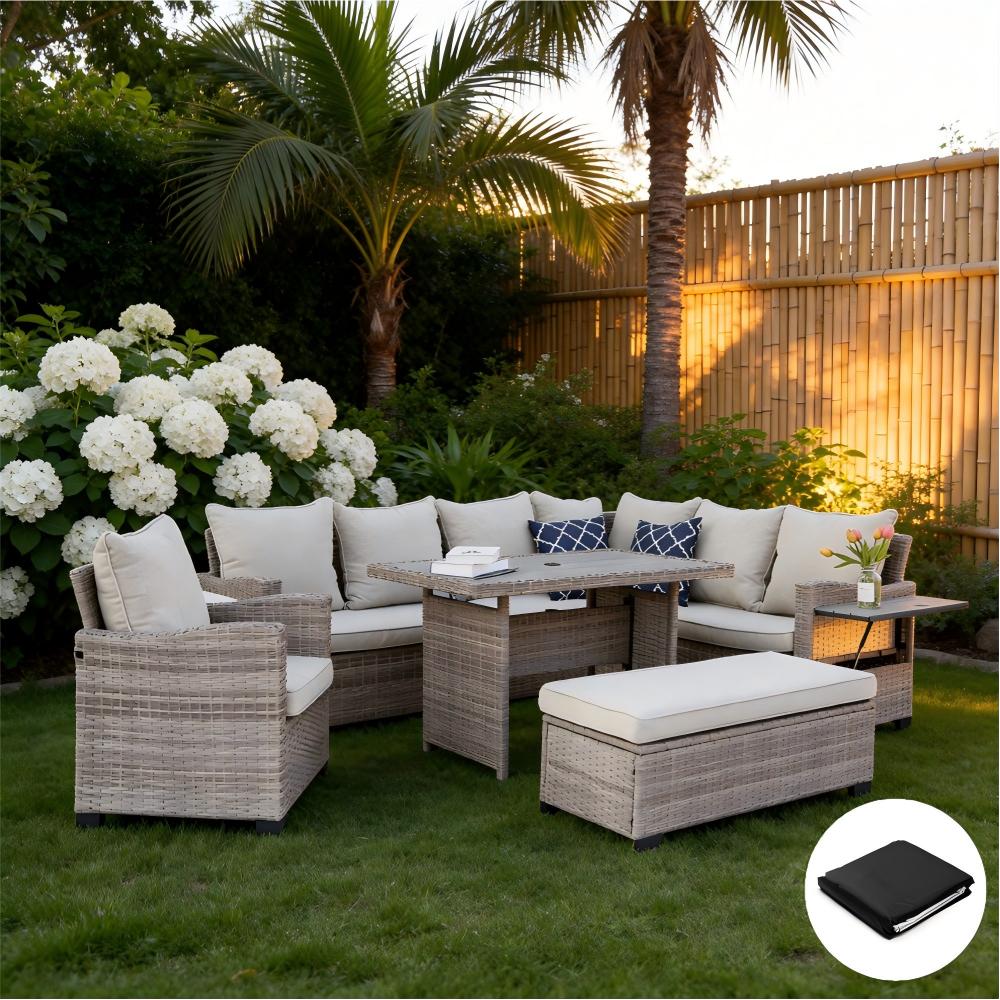 Galle Right Facing 9 Seater Garden Corner Sofa Dining Set With Parasol Hole And Foldable Side Tables