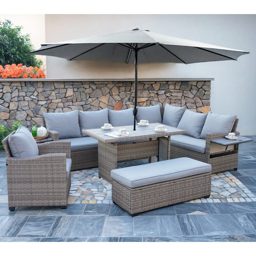Galle Right Facing 9 Seater Garden Corner Sofa Dining Set With Parasol Hole And Foldable Side Tables