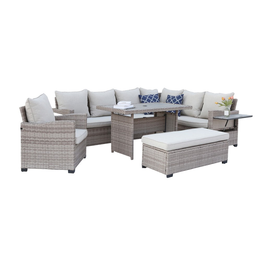 Galle Right Facing 9 Seater Garden Corner Sofa Dining Set With Parasol Hole And Foldable Side Tables