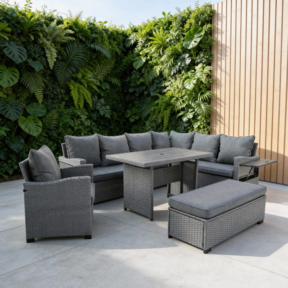 Galle Right Facing 9 Seater Garden Corner Sofa Dining Set With Parasol Hole And Foldable Side Tables