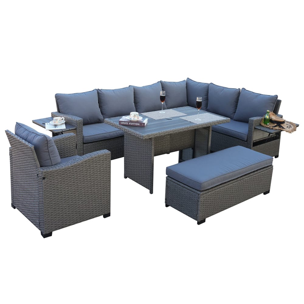 Galle Right Facing 9 Seater Garden Corner Sofa Dining Set With Parasol Hole And Foldable Side Tables