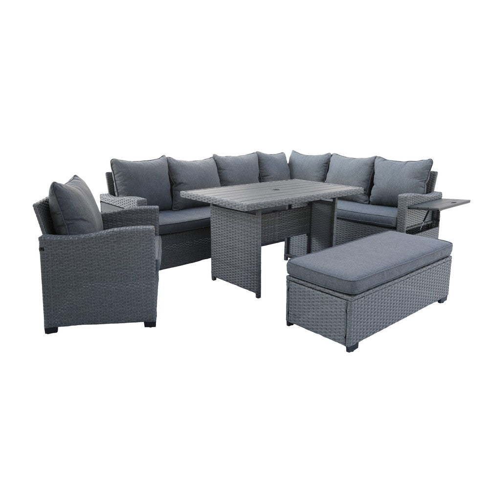 Galle Right Facing 9 Seater Garden Corner Sofa Dining Set With Parasol Hole And Foldable Side Tables