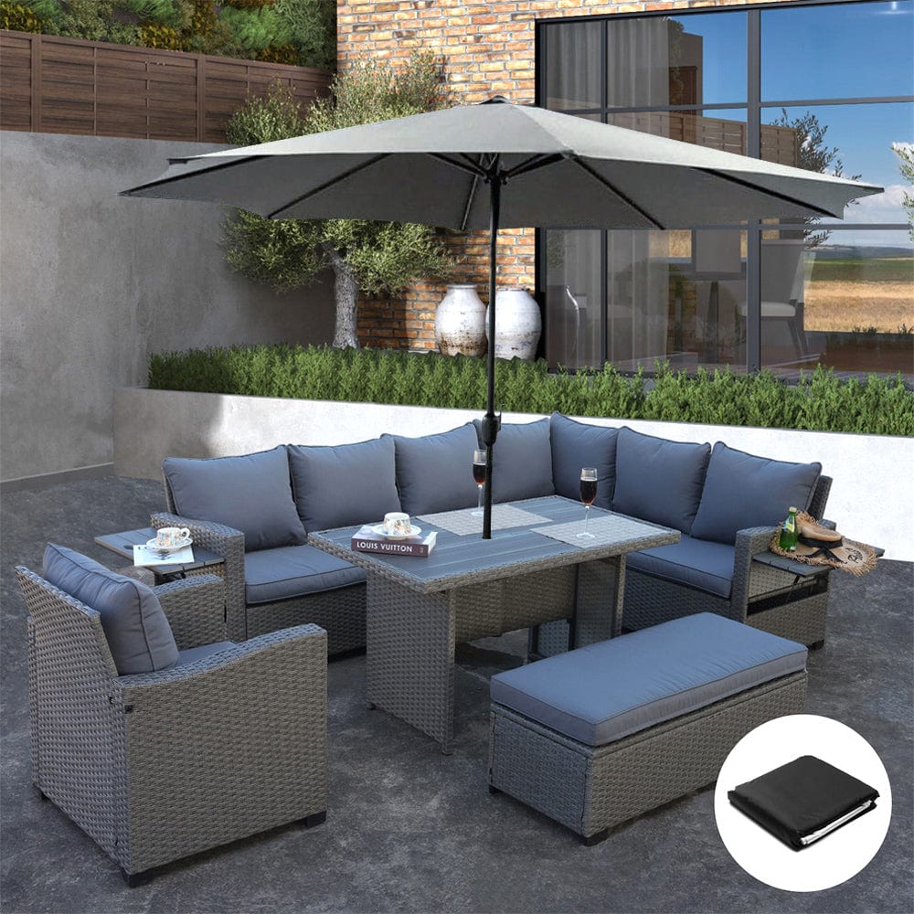 Galle Right Facing 9 Seater Garden Corner Sofa Dining Set With Parasol Hole And Foldable Side Tables