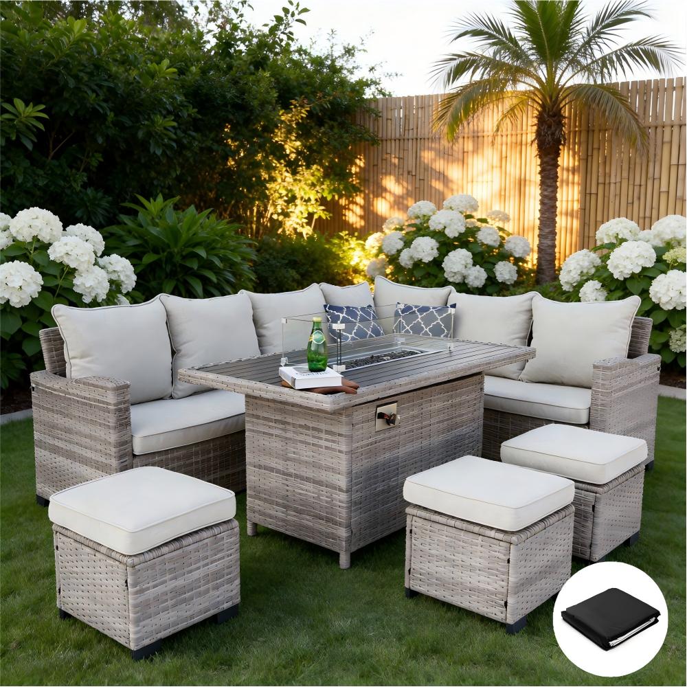 Galle 9 Seater Rattan Garden Furniture With Fire Pit Sofa Set