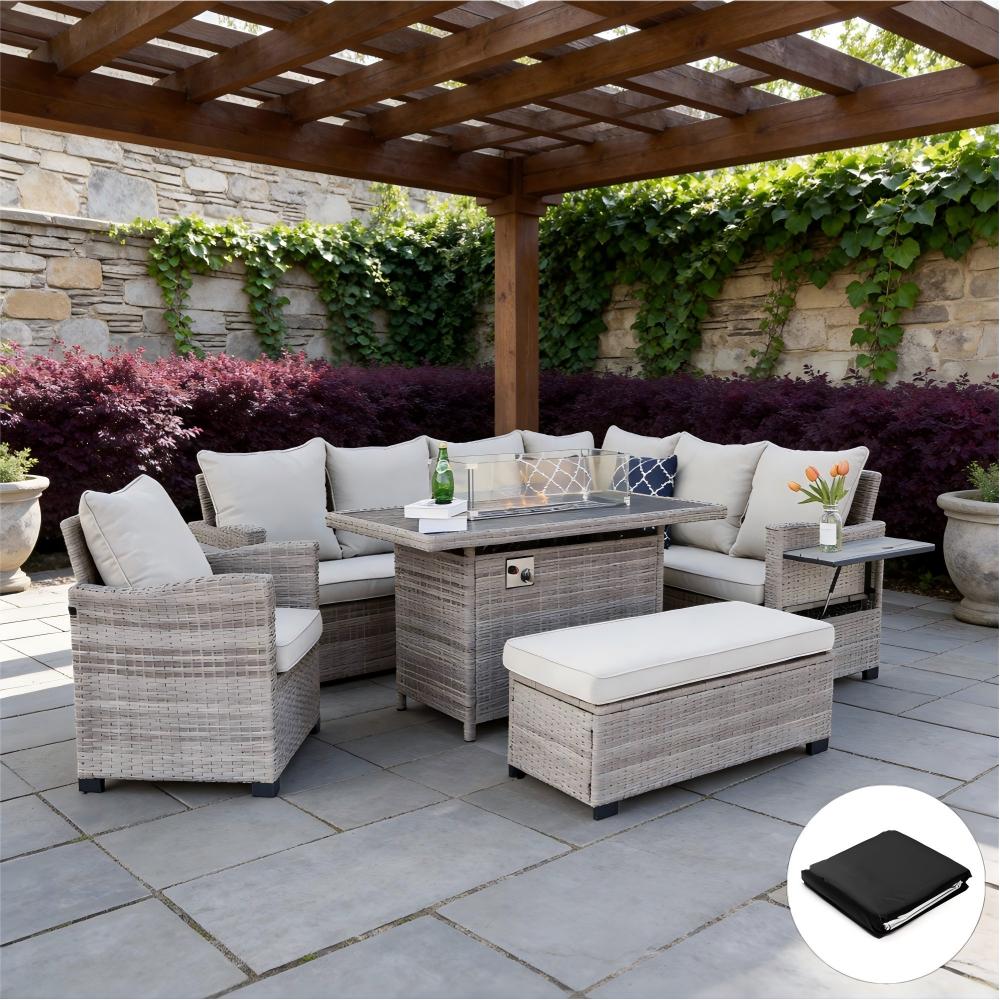 Galle Right Facing 9 Seater Garden Furniture Corner Sofa Fire Pit Set With Foldable Side Tables