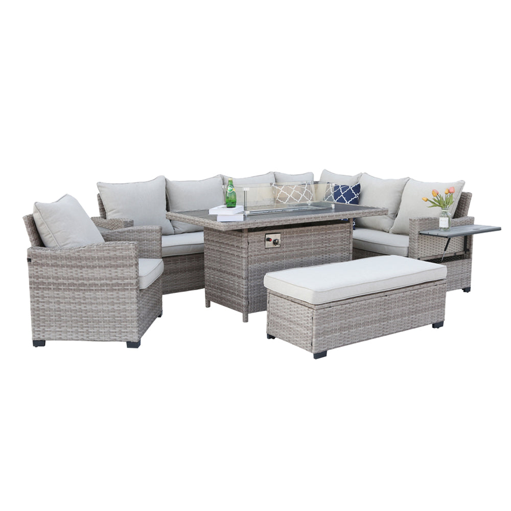 Galle Right Facing 9 Seater Garden Furniture Corner Sofa Fire Pit Set With Foldable Side Tables