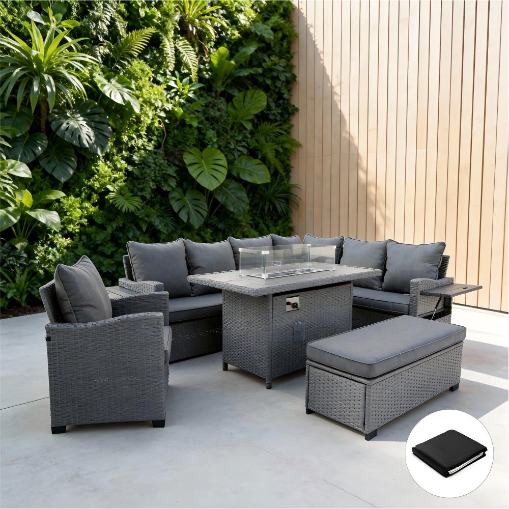 Galle Right Facing 9 Seater Garden Furniture Corner Sofa Fire Pit Set With Foldable Side Tables
