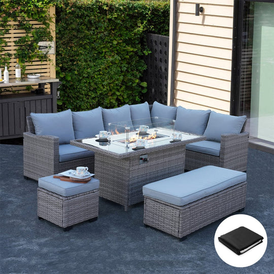 Galle Right Facing 9 Seater Garden Corner Sofa Fire Pit Set With Stool And Bench