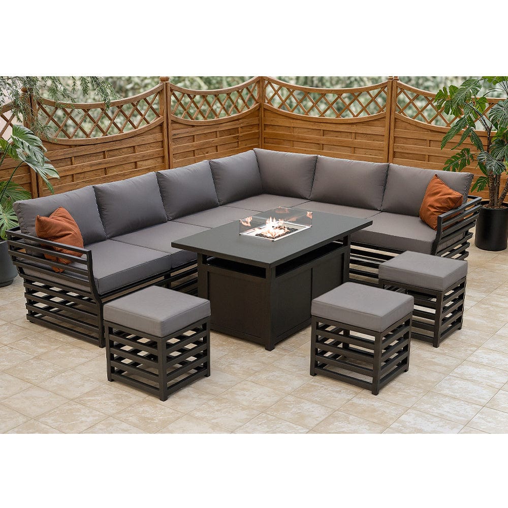 Hagen Fully Assembled 9 Seater Aluminium Corner Garden furniture Dining Sofa Set With Fire Pit Table