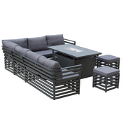 Hagen Fully Assembled 9 Seater Aluminium Corner Garden furniture Dining Sofa Set With Fire Pit Table