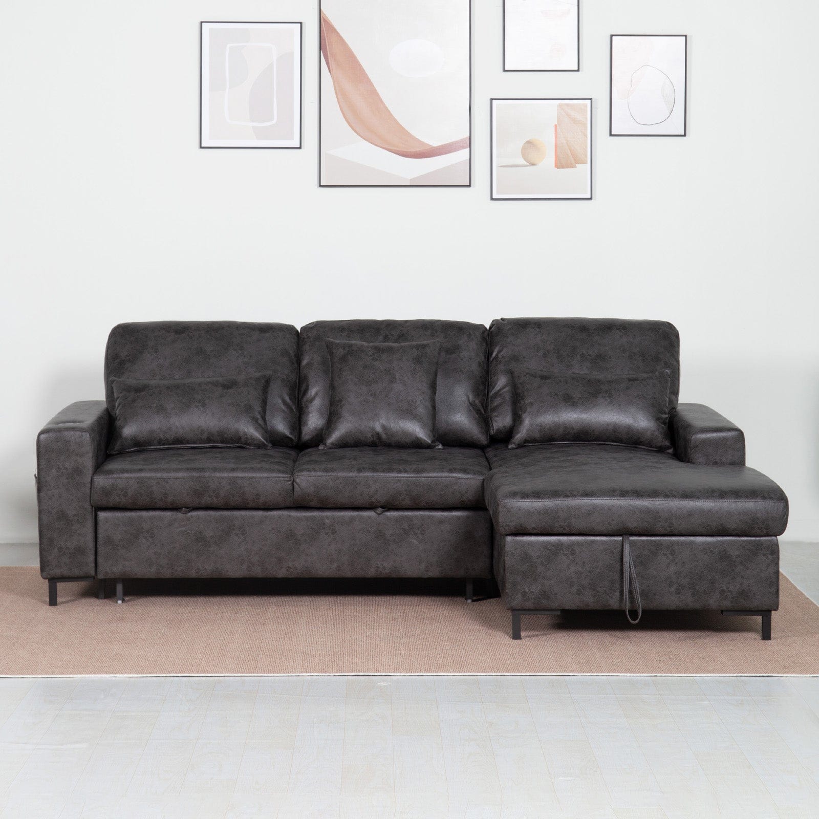 PU Leather 3 Seater Corner Sofa Bed With Corner Chaise and Storage