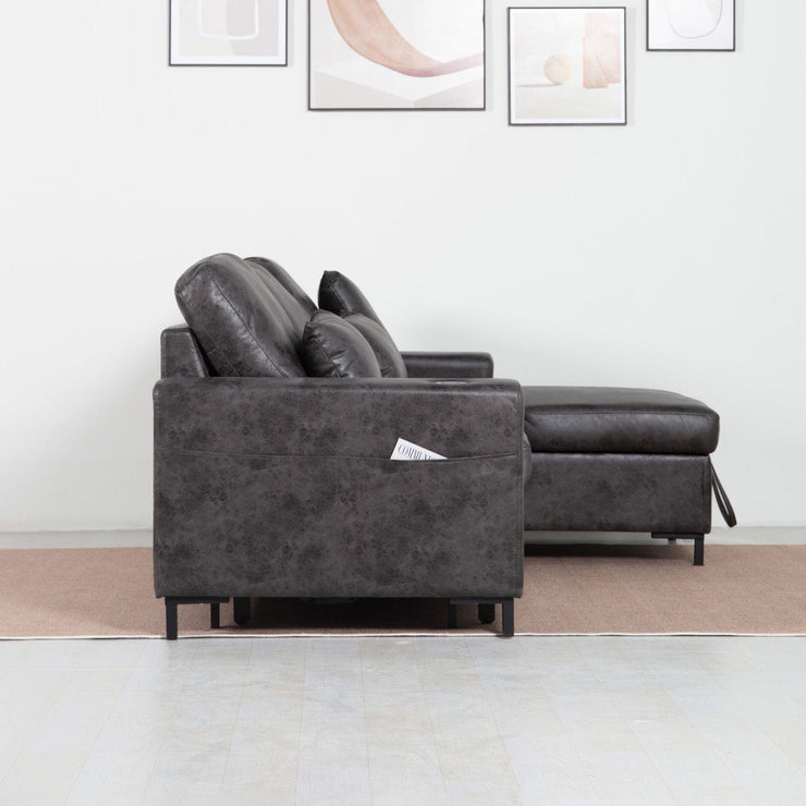 PU Leather 3 Seater Corner Sofa Bed With Corner Chaise and Storage