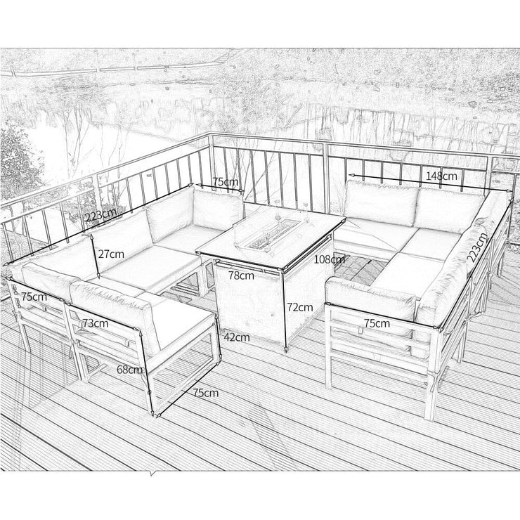 Hamburg Outdoor 8-Seater Garden Modular Steel Dining Set With Fire Pit Table