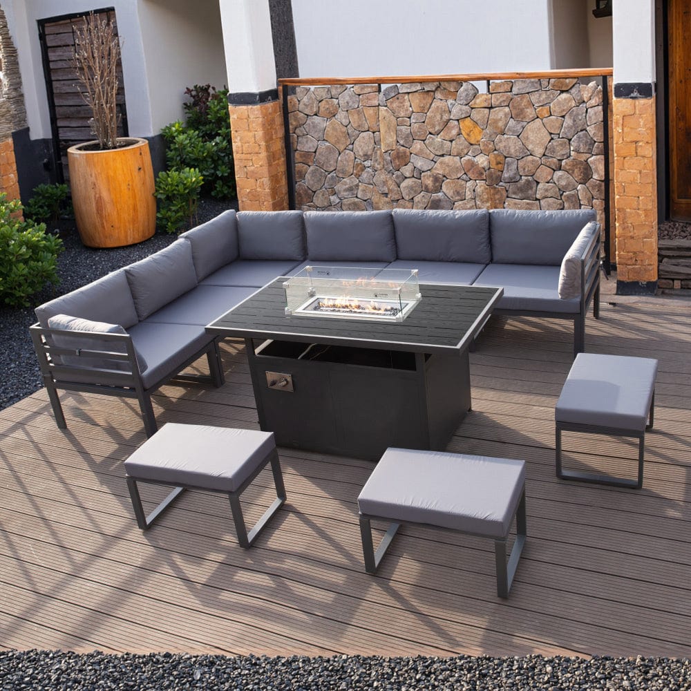 Berlin 8-Seater Outdoor Steel Corner Dining Set With Fire Pit Table