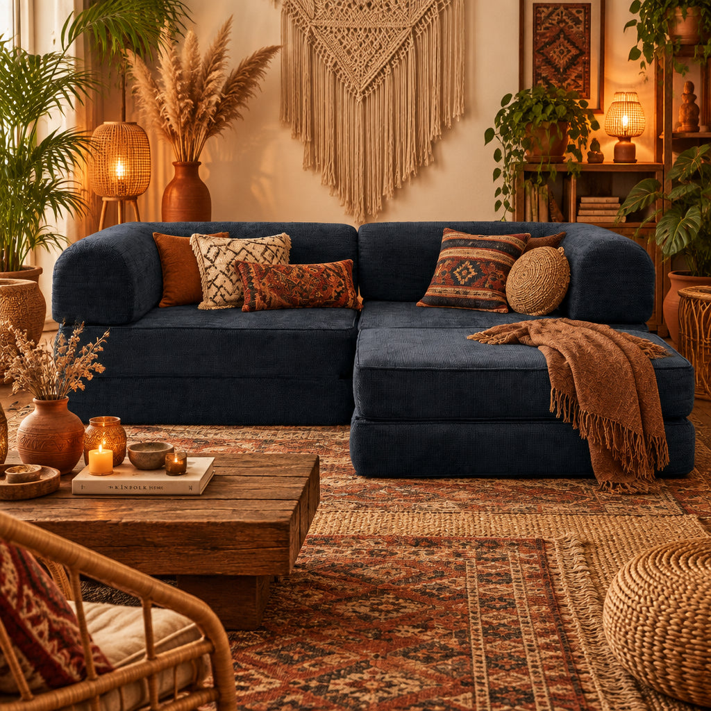 Hugspacee Velvet Corduroy Compressed Daybed lounge Sofa with Ottoman