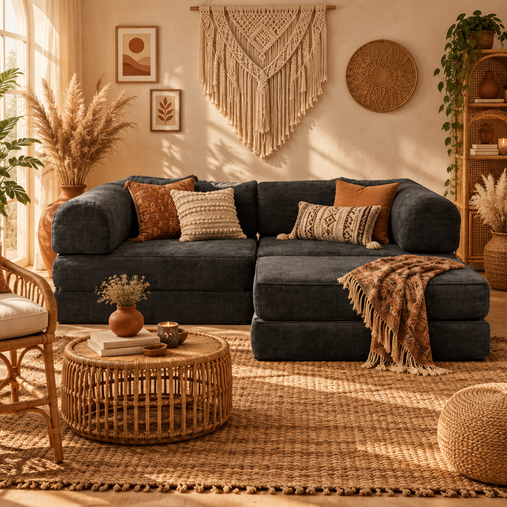 Hugspacee Velvet Corduroy Compressed Daybed lounge Sofa with Ottoman