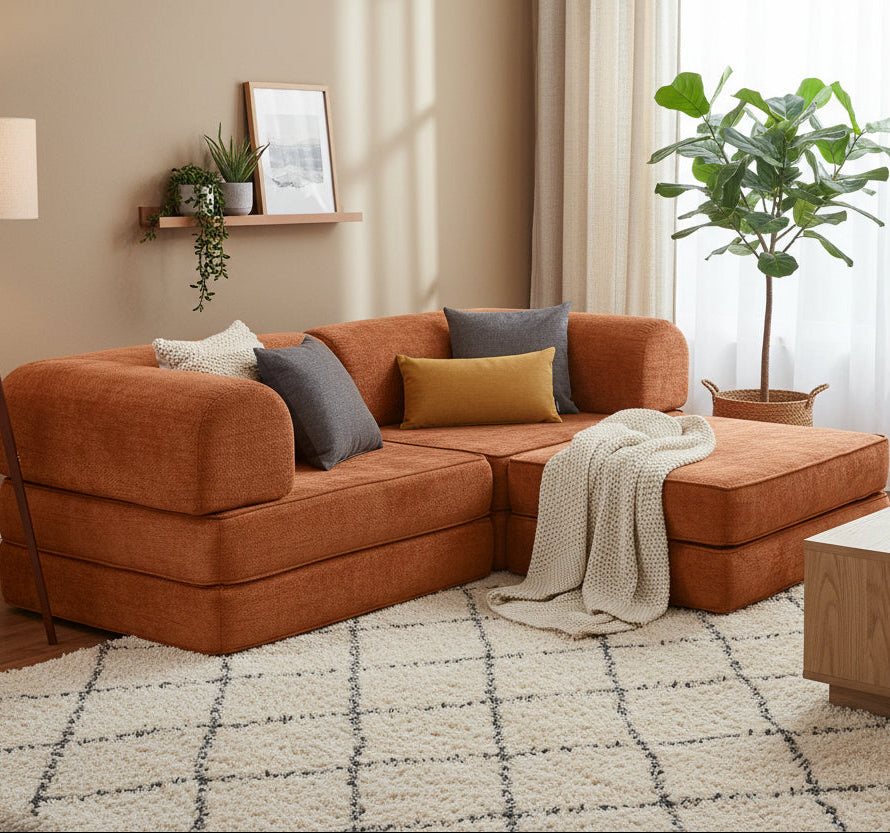 Hugspacee Velvet Corduroy Compressed Daybed lounge Sofa with Ottoman